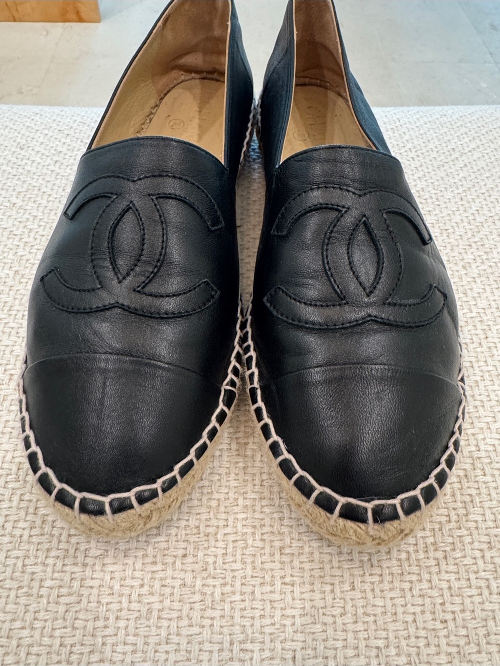 CHANEL Black Leather Espadrilles with CC Logo - Size 42